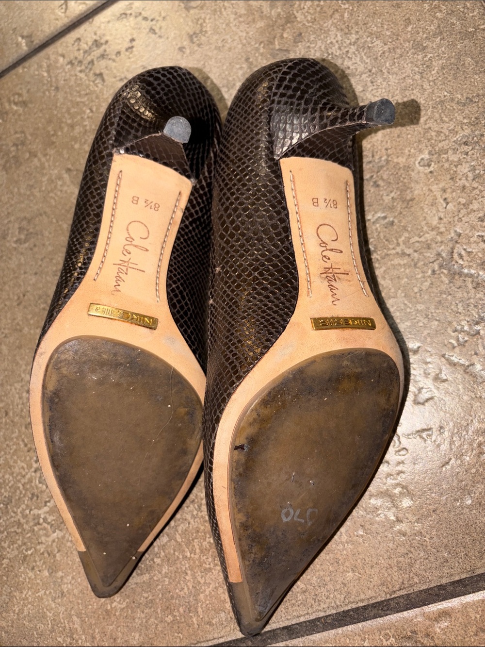 Cole Haan Dark Brown Snakeskin-Texture Pointed Toe Pumps - Picture 2 of 4